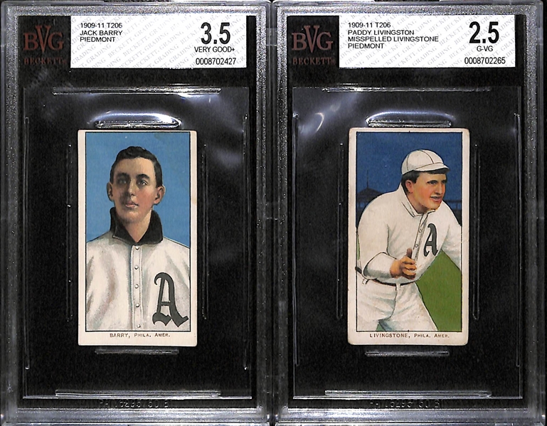 Lot of 2 Philadelphia A's 1909-11 T206 Cards -Jack Barry (BVG 3.5), and Paddy Livingston (Misspelled Livingstone) (BVG 2.5)